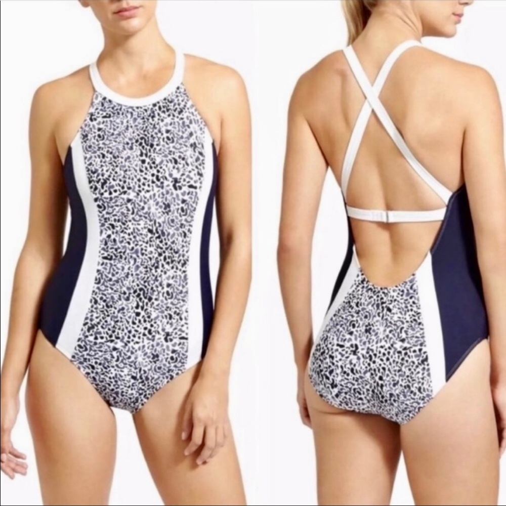 ATHLETA Zimbabwe One Piece Swimsuit Navy White XS 32B/C NWT